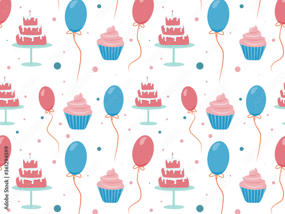 Seamless birthday pattern with cake, cupcake, confetti and balloons ...