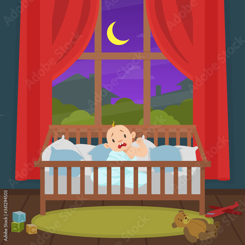 Cute Little Baby Sitting in the Bed and Crying at Night Vector Illustration
