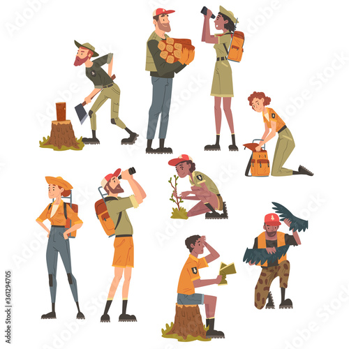 Forest Rangers at Working Set, National Park Service Employee Characters in Uniform Cartoon Style Vector Illustration