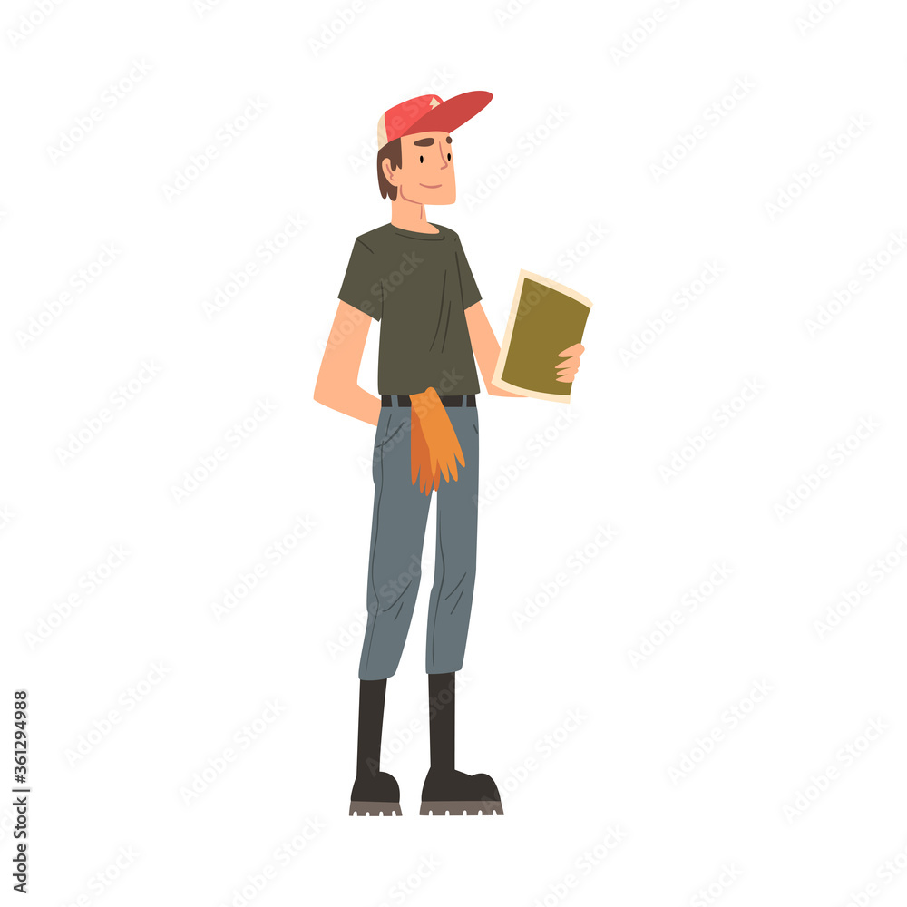 Man Forest Ranger Working in the Forest, National Park Service Employee Character at Work Cartoon Style Vector Illustration