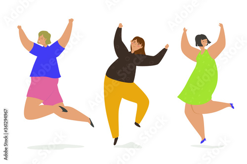 Group of people laughing and having fun together flat vector illustration. Happy people dance, jump and smile with balloons. The concept of happiness, fun, joint relaxation