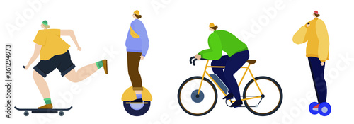 People on electric vehicles flat vector illustration. Electric skateboard longboard, electric unicycle, bicycle, gyroscooter, gyroboard. Modern electric, ecological personal city transporters concept
