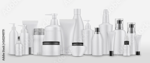 Realsitic cosmetic packages set. Collection of realism style drawn plastic bottles for beauty and skincare body facial liquid soaps. Illustration of container lotions and creams on white background.