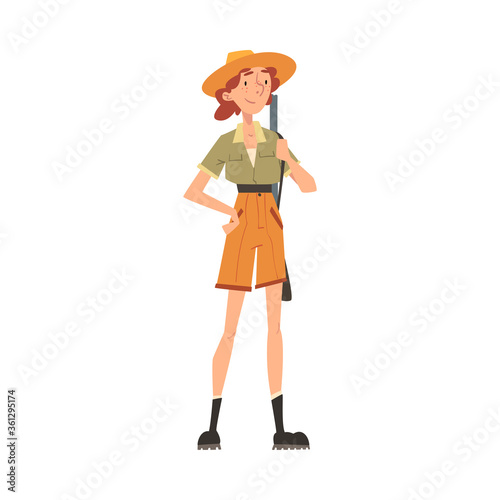 Girl Forest Ranger with Rifle, National Park Service Employee Character in Uniform Cartoon Style Vector Illustration