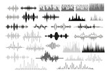 Sound waves set. Collection of audio different frequency radio music signals. Illustration of digital equalizer technologies and pulsing lines or voice recording beats vibrations on white background.