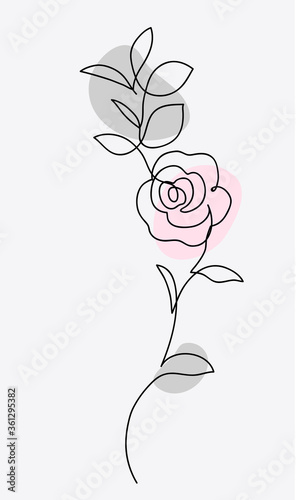 One line drawing. Ornament with garden rose and leaves. Hand drawn sketch. Vector illustration.