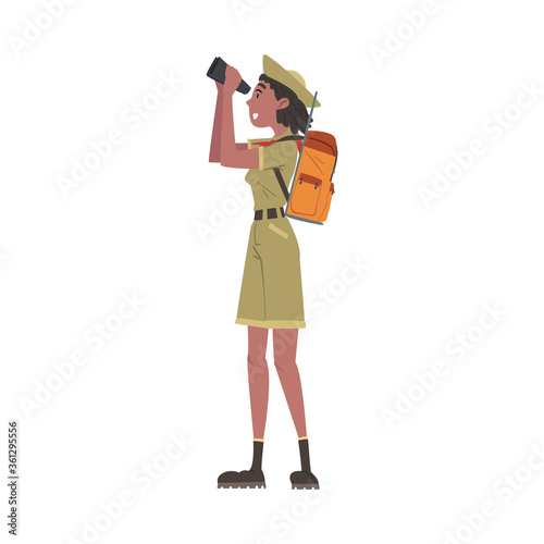 Girl Forest Ranger with Backpack Looking Through Binoculars, National Park Service Employee Character in Uniform Cartoon Style Vector Illustration