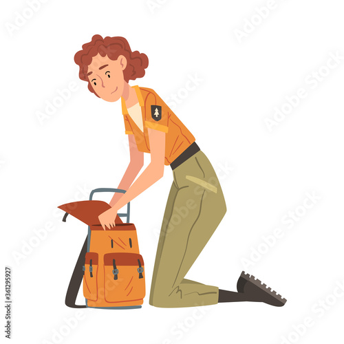 Girl Forest Ranger with Backpack, National Park Service Employee Character in Uniform Cartoon Style Vector Illustration