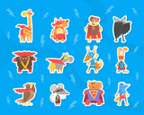 Funny Animals Dressed as Superheroes Stickers Set, Funny Giraffe, Dog, Sheep, Bear, eagle, Mouse, Hippo in Masks and Capes Cartoon Vector Illustration