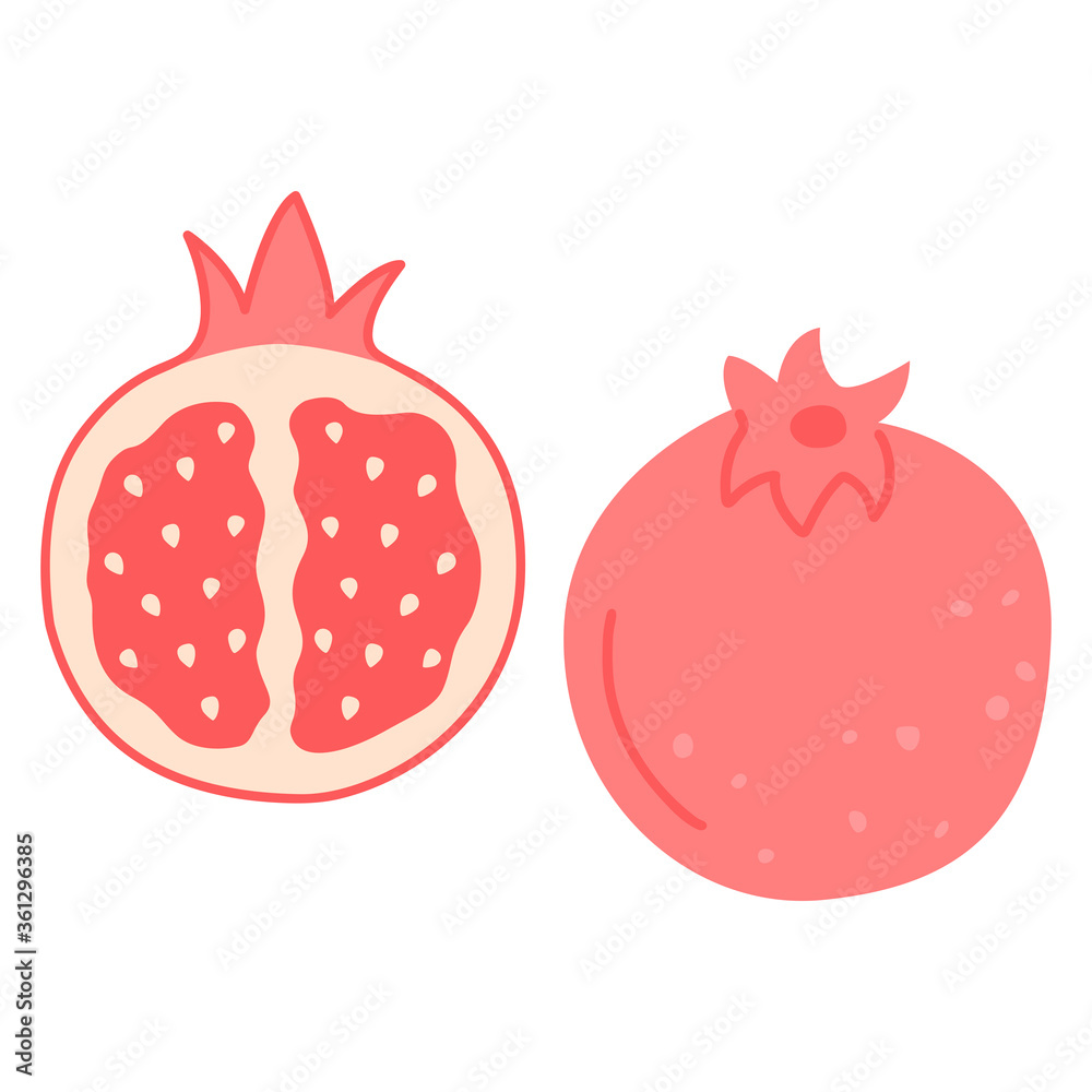 Fresh pomegranate concept, half and whole in flat cartoon style. Hand drawn graphic elements of vegetarian organic food. Vector illustration on isolated white background. Fresh pomegranate concept, half and whole in flat cartoon style. Hand drawn graphic elements of vegetarian organic food. Vector illustration on isolated white background.