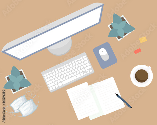 Top view of desktop. Workplace in office or workplace at home. Work in a team. Work activity.