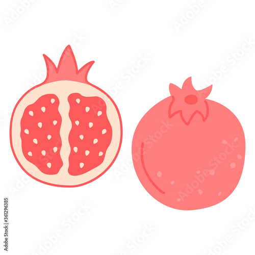 Fresh pomegranate concept, half and whole in flat cartoon style. Hand drawn graphic elements of vegetarian organic food. Vector illustration on isolated white background.