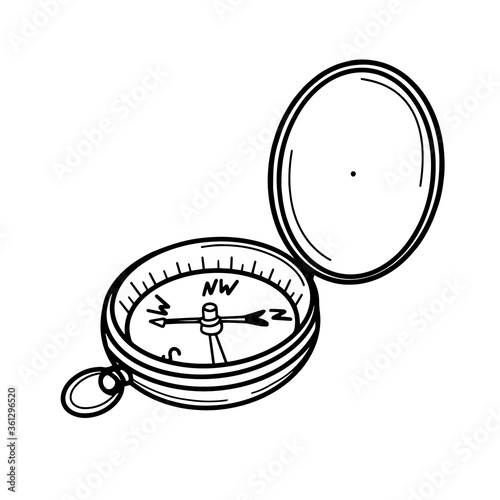 Tourist compass for orientation on the terrain. A device that shows The earth's magnetic poles and cardinal directions. The equipment for navigation. Vector illustration in Doodle style