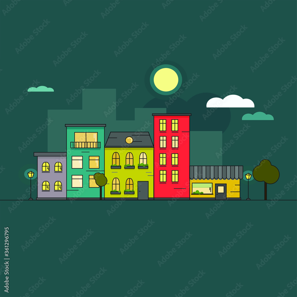colored houses. night street in the city. vector drawing