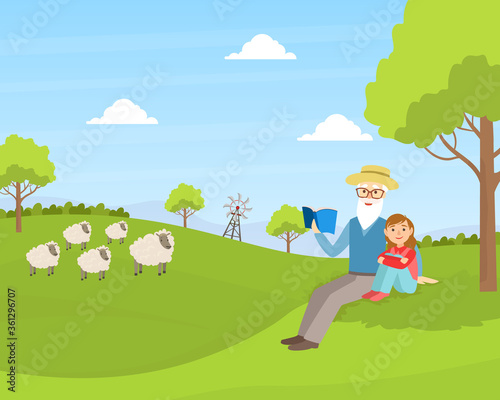 Grandfather with Granddaughter sitting on Green Lawn and Reading Book  Grandparent and Grandchild Having Good Time Together at Sunny Summer Day Cartoon Vector Illustration
