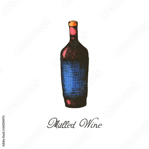 Vector illustration of a bottle of wine for a hot mulled wine in the style of freehand drawings. Christmas drink hot wine, for the homemade alcohol menu