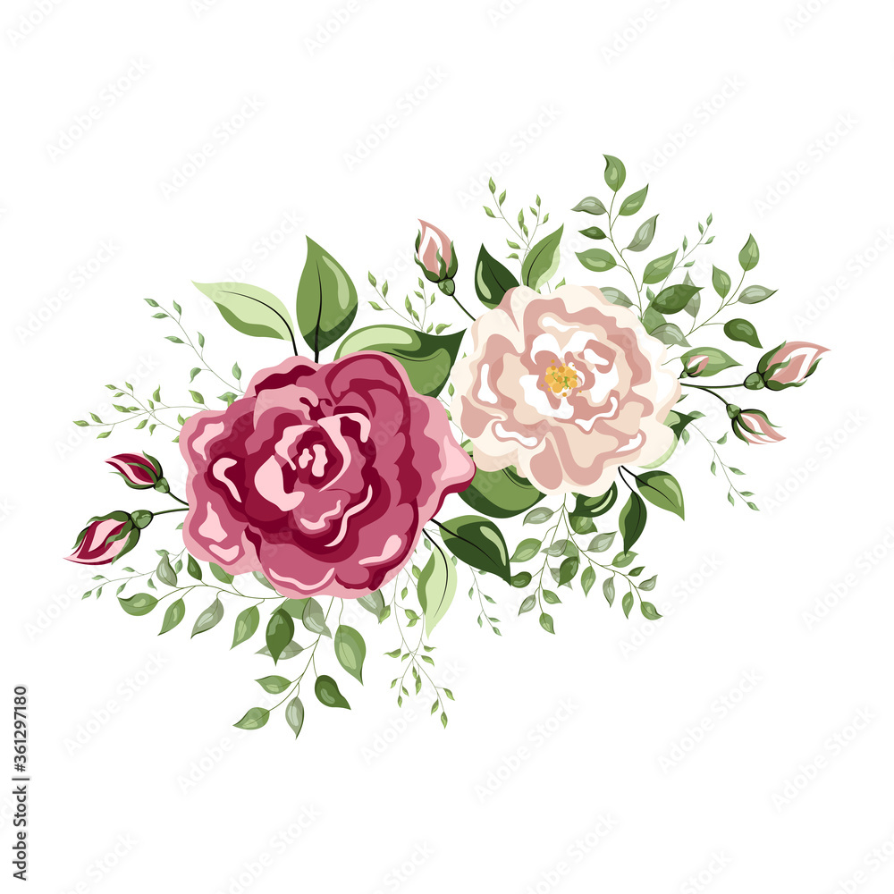 Floral decorations with flowers pink Peony, white Rose, colorful inflorescence Hydrangea. Spring or summer design for invitation, wedding or greeting cards