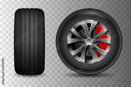 Two car wheel icons. Vector realistic illustration. Wheel with brake disc