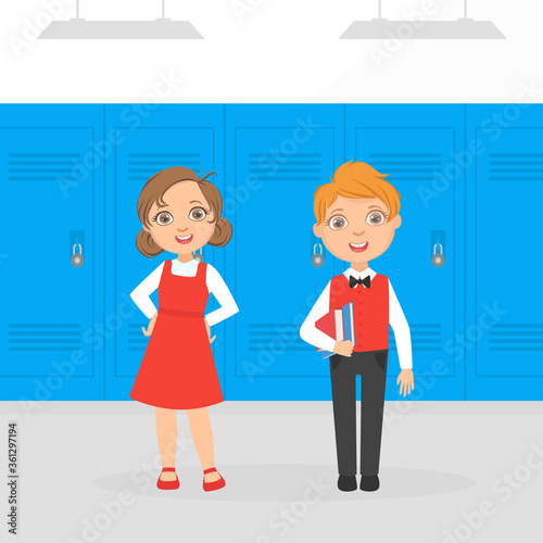 Cute Boy and Girl Elementary School Students Standing in front of Lockers at School Corridor Cartoon Vector Illustration