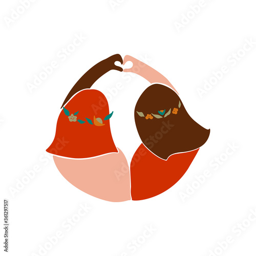 Two different girls in relationship. Friends forever. Vector colourful illustration of two girls in abstract style