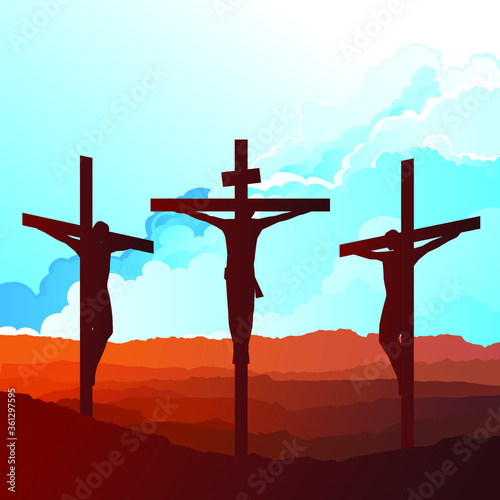 Tela Silhouetted depiction of the crucifixion of Christ and two thieves collectively