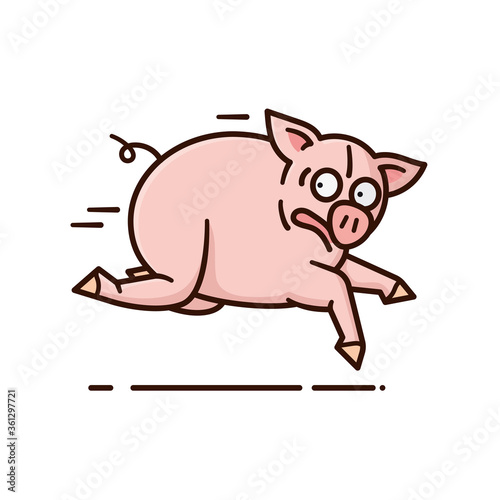 Pig on the run cartoon character isolated vector illustration