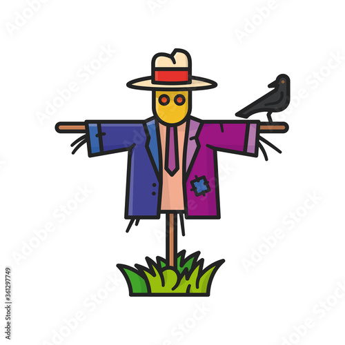 Scarecrow with crow isolated vector illustration