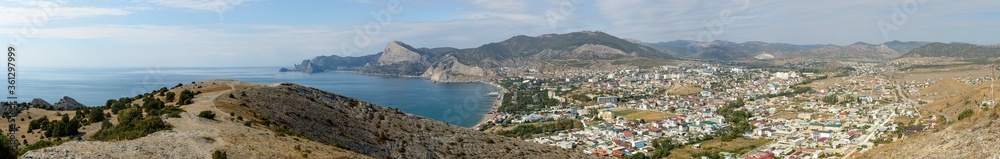 Scenic panorama of Sudak town bay in Crimea, Russia.