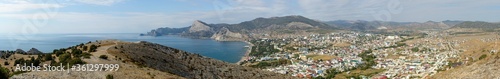 Scenic panorama of Sudak town bay in Crimea, Russia.