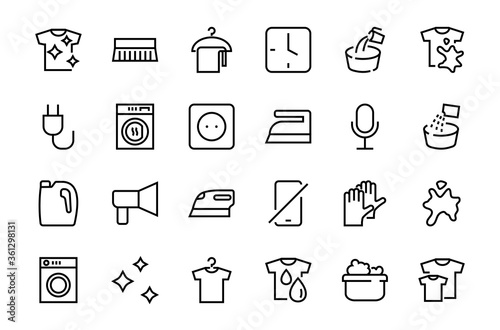 Fototapeta Naklejka Na Ścianę i Meble -  Simple set of washing related vector line Icons. Contains icons such as washing machine, powder, laundry, dirty t-shirt and much more. On a white background, editable stroke. 48x48 pixels perfect