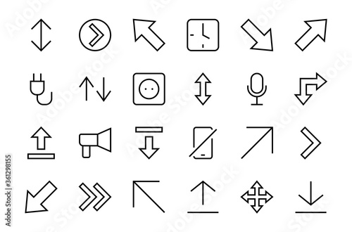 Set of line arrows, directions, arrows, contains icons such as pause, continuation, directly, to the right, Editable stroke. 480x480, On a white background, Vector illustration