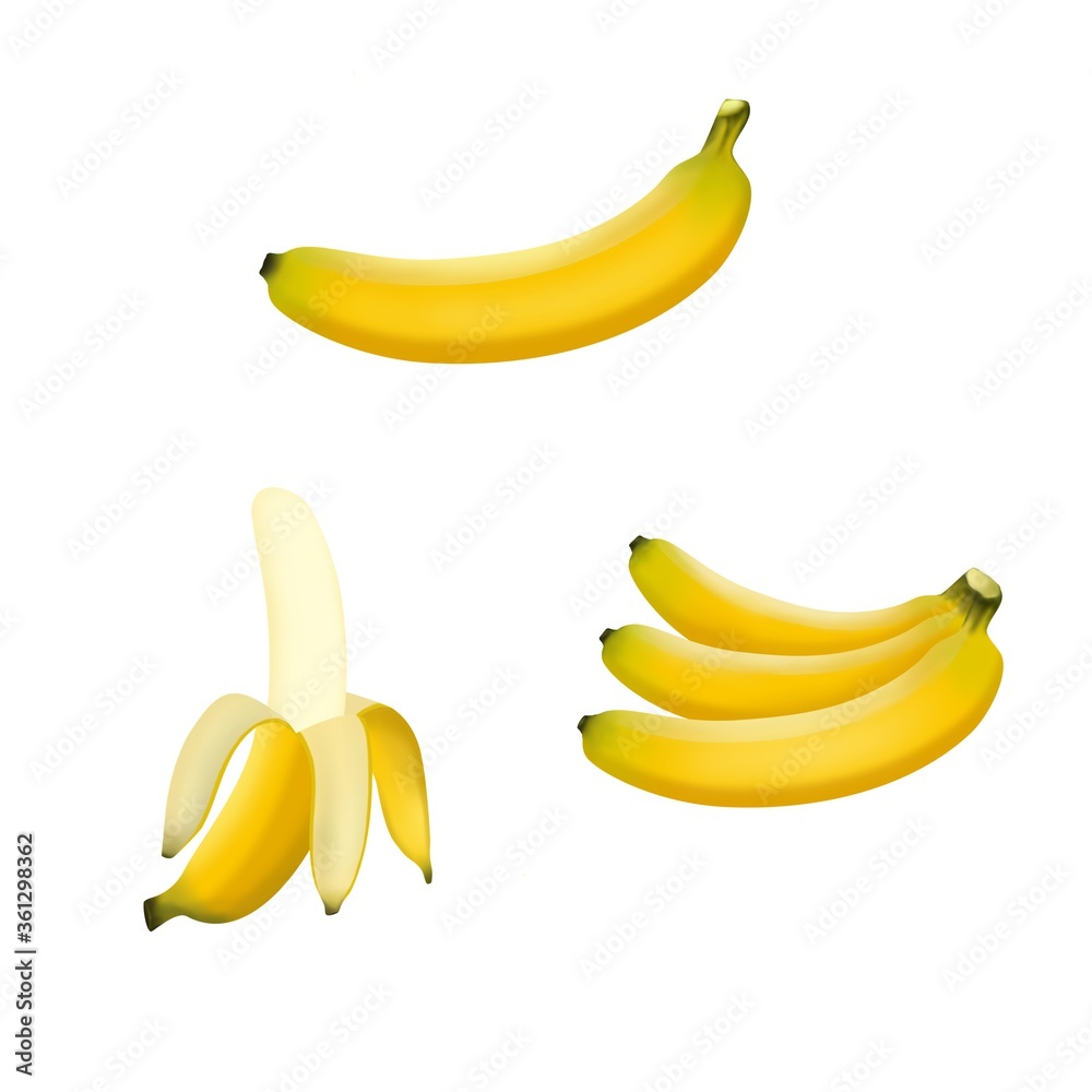 Set of banana 3d painting isolated on white background 