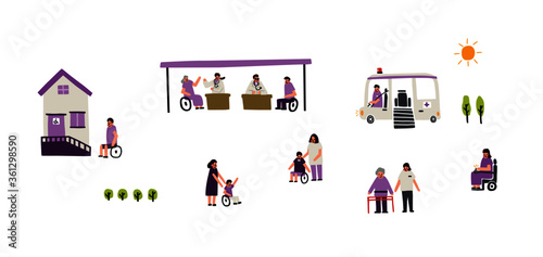 disability care doodle style cartoon set, medical and rehabilitation service for disable people
