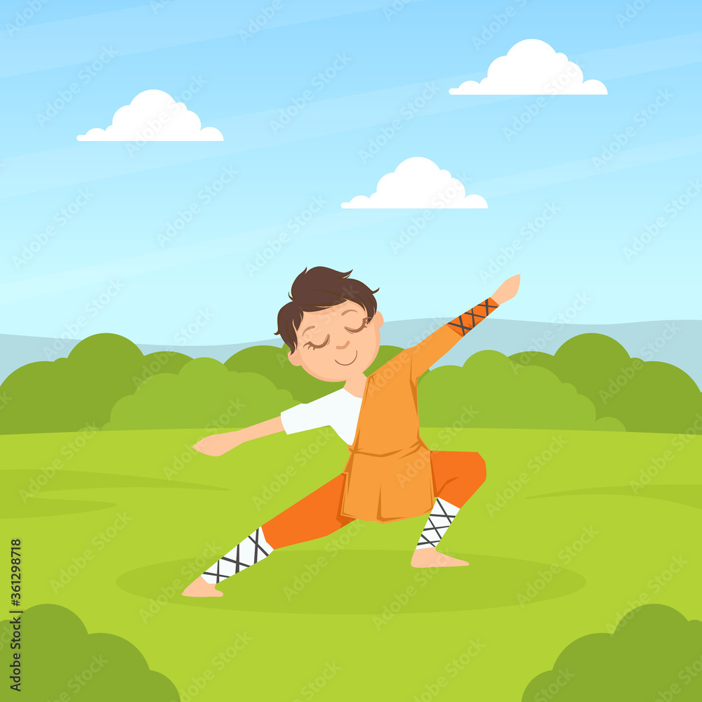 Kid Asian Martial Art Fighter, Cute Boy Athlete Practicing Wushu Technique Outdoors Cartoon Vector Illustration