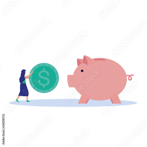 Woman avatar with mask and coin on piggy vector design