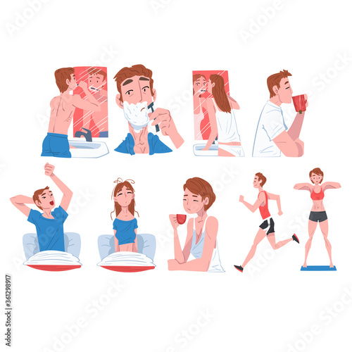 People Activity Morning Daily Routine Set, Men and Women Waking up, Brushing Teeth, Doing Morning Workout, Drinking Coffee Cartoon Style Vector Illustration