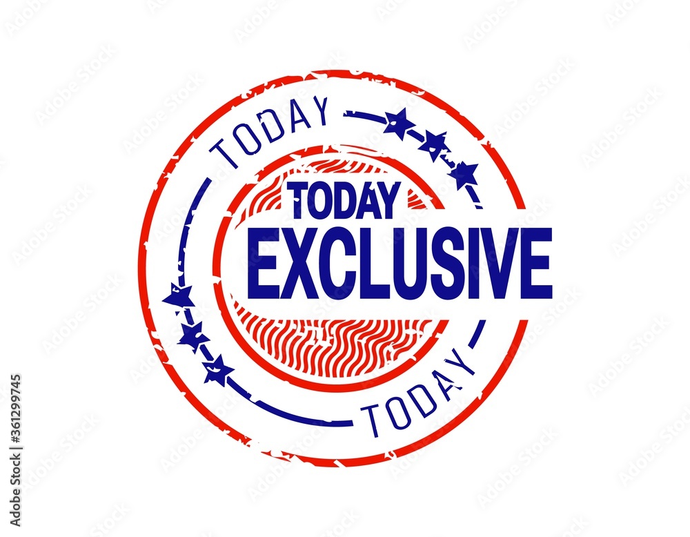 TODAY EXCLUSIVE stamp on isolated grunge texture. Emblem icon with random circle spots on white background. Label with red wavy flag lines and blue stars. Vintage sign. Vector illustration. TODAY EXCLUSIVE stamp on isolated grunge texture. Emblem icon with random circle spots on white background. Label with red wavy flag lines and blue stars. Vintage sign. Vector illustration.