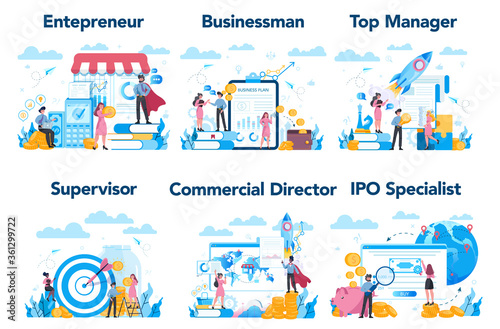 Top managment or business profession set. Business character making