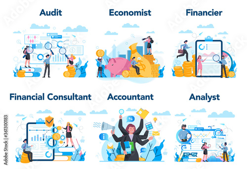 Financial or business profession set. Business character making