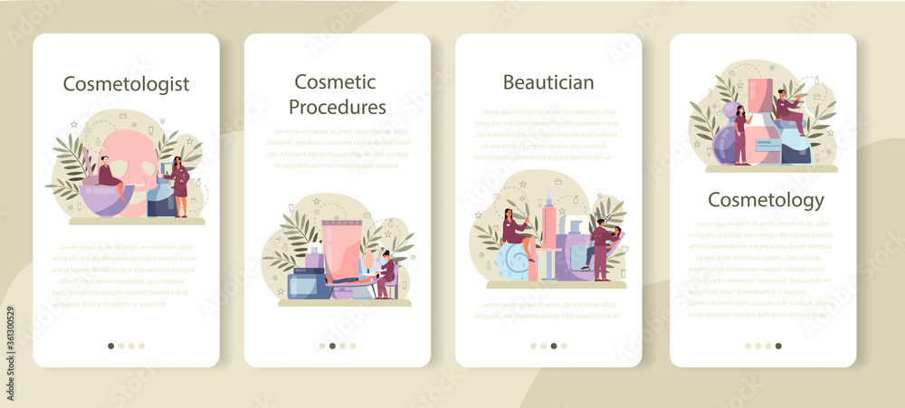 Cosmetologist mobile application banner set, skin care and treatment.