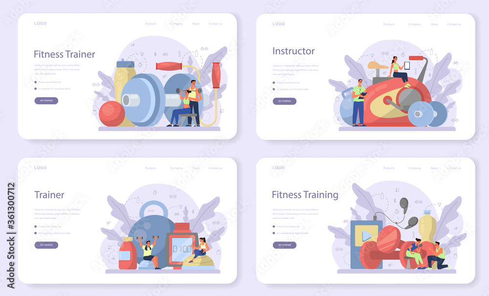 Fitness trainer web banner or landing page set. Workout in the gym Fitness trainer web banner or landing page set. Workout in the gym
