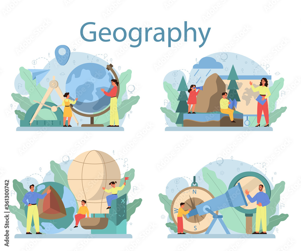 Geography class concept set. Studying the lands, features, inhabitants Geography class concept set. Studying the lands, features, inhabitants