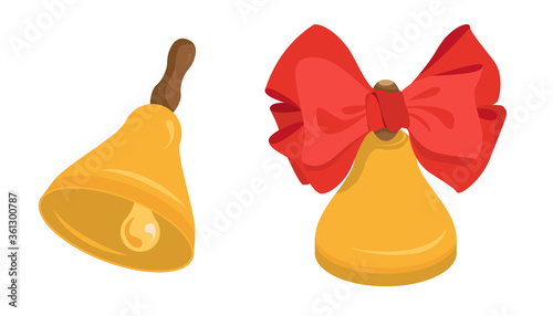 set of two school bells with clapper and bow. vector illustration