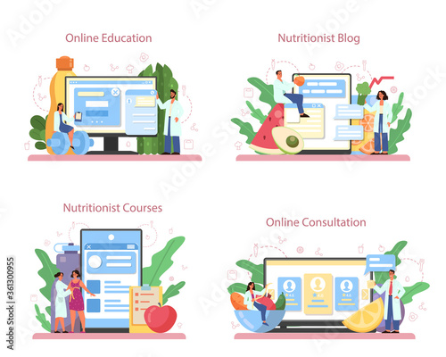 Nutritionist online service or platform set. Diet plan with healthy food