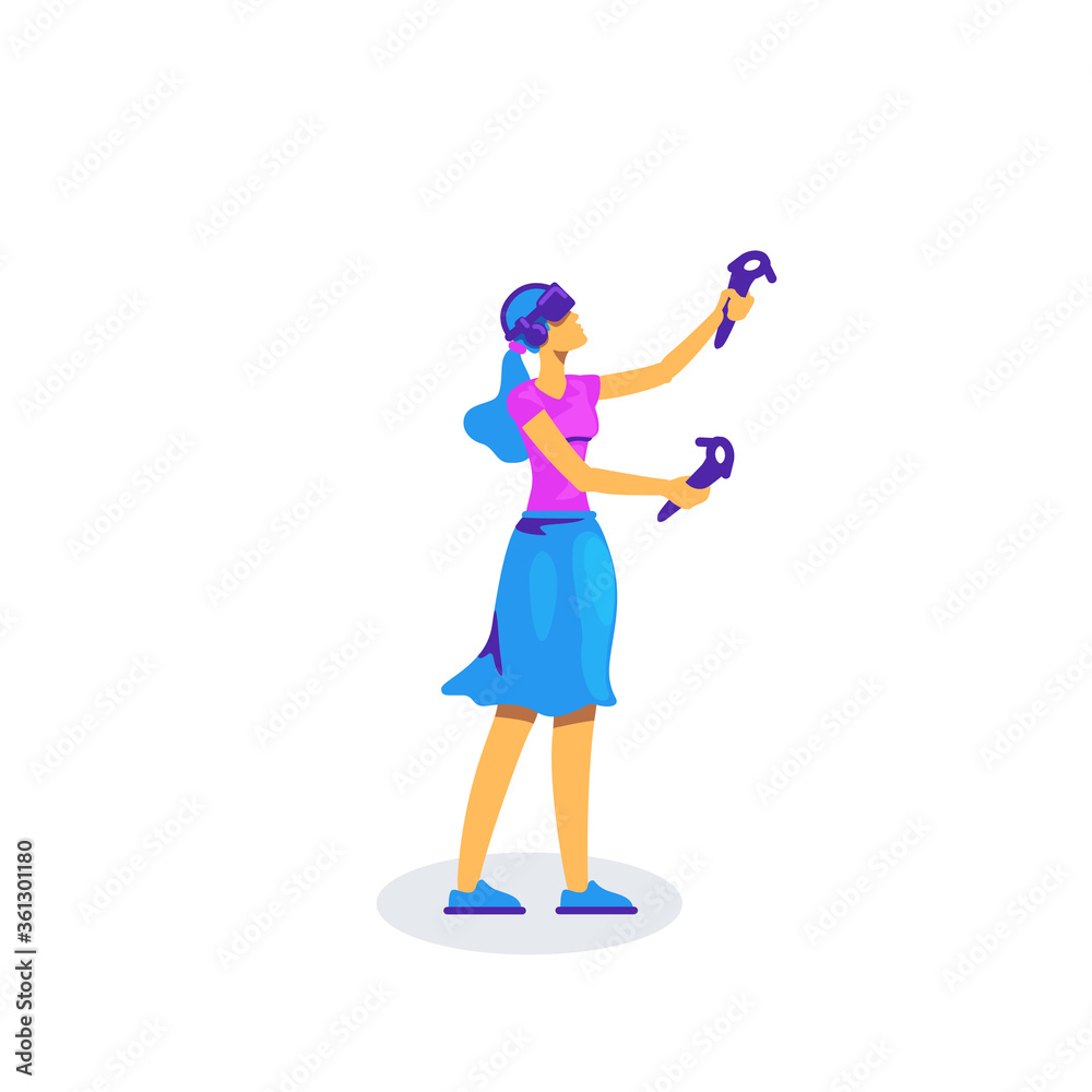 Woman with VR equipment flat color vector faceless character