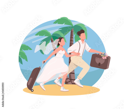 Just married couple honeymoon 2D vector web banner, poster
