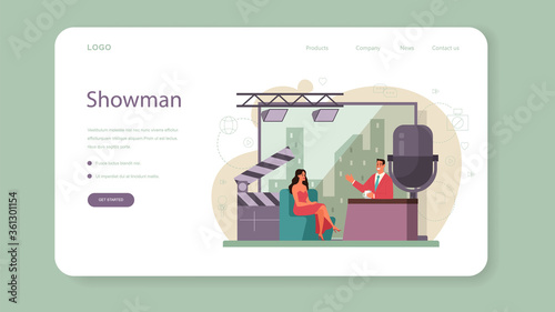TV presenter web banner or landing page. Television host in studio