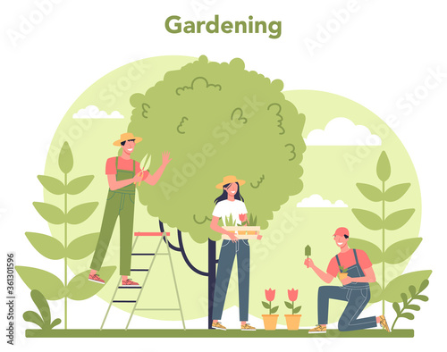 Gardening concept. Idea of horticultural designer business. Character