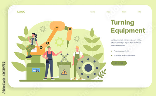 Turner or lathe web banner or landing page. Factory worker using