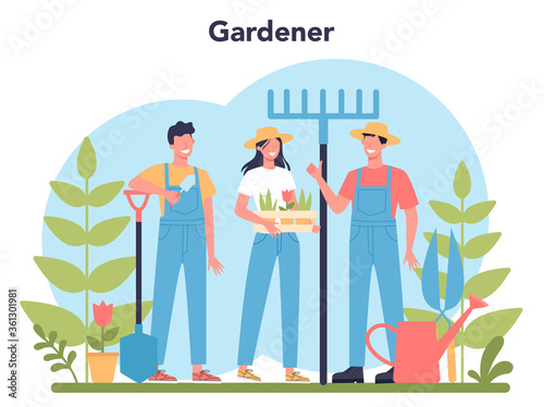 Gardening concept. Idea of horticultural designer business. Character